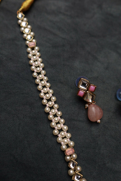 Rose Quartz Kundan and Pearl Long Necklace Set