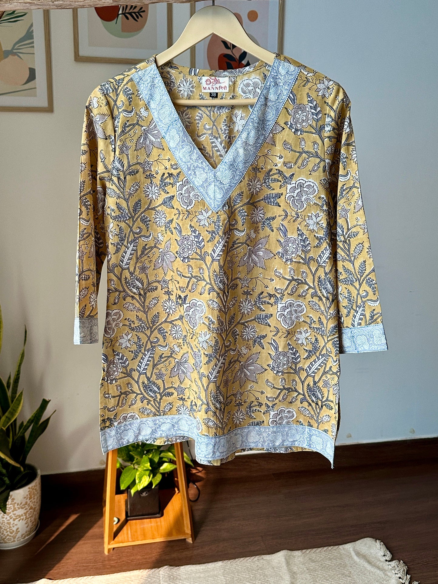 Block Printed High Low Short Kurti- Yellow