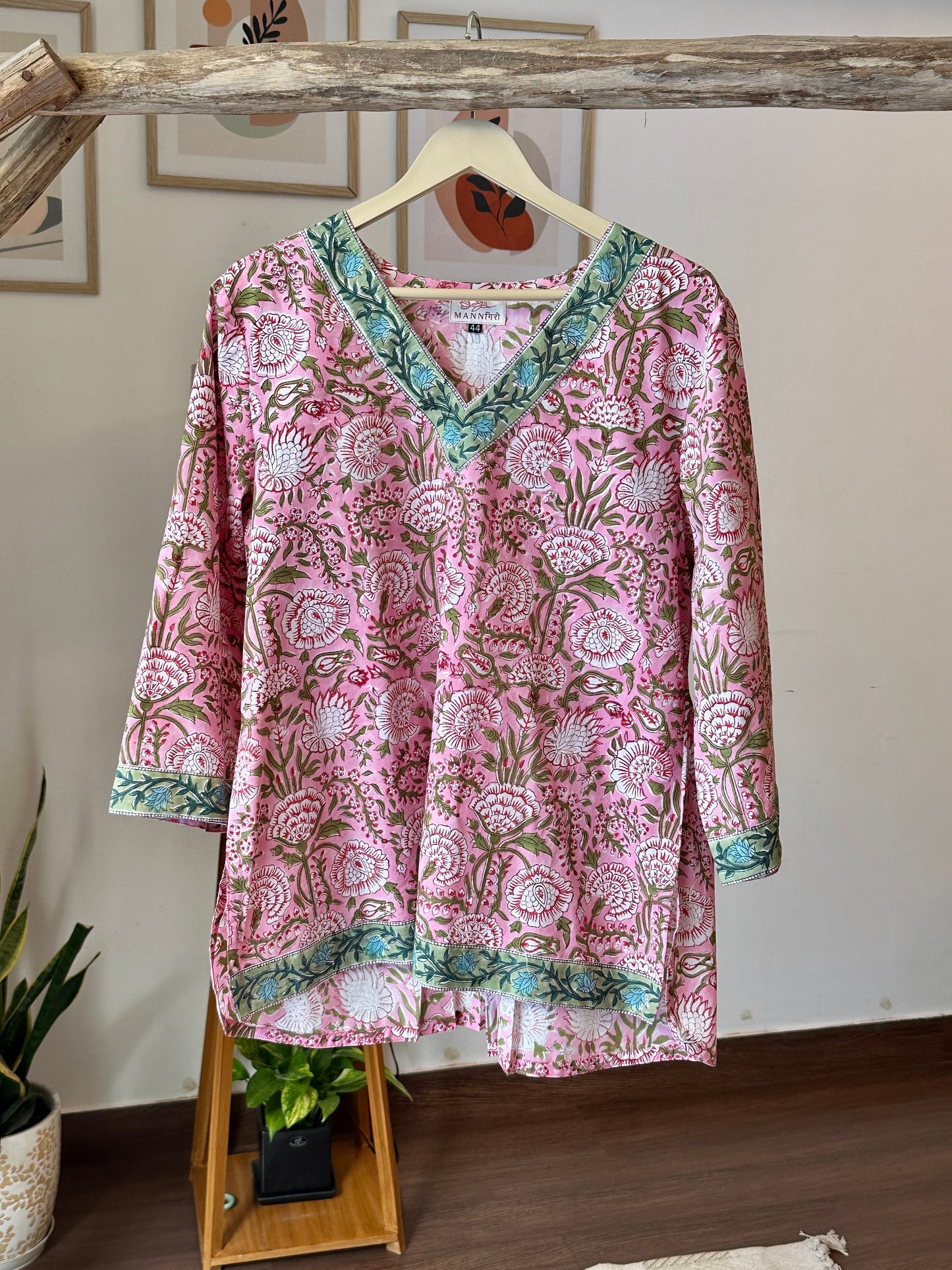 Block Printed High Low Short Kurti- Pretty Pink