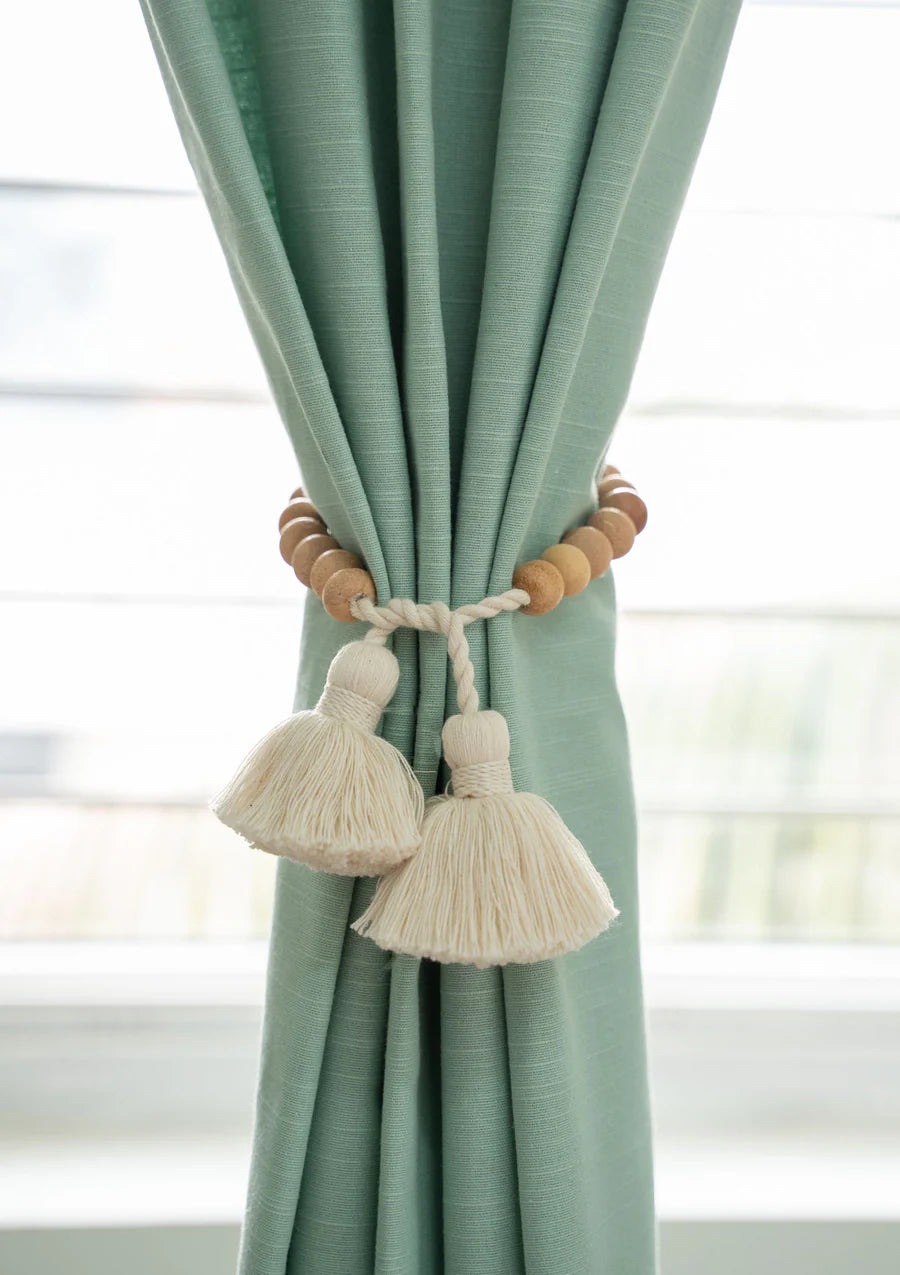 Boho Wooden Bead Cotton Curtain Tieback with Tassels - Pack of 2