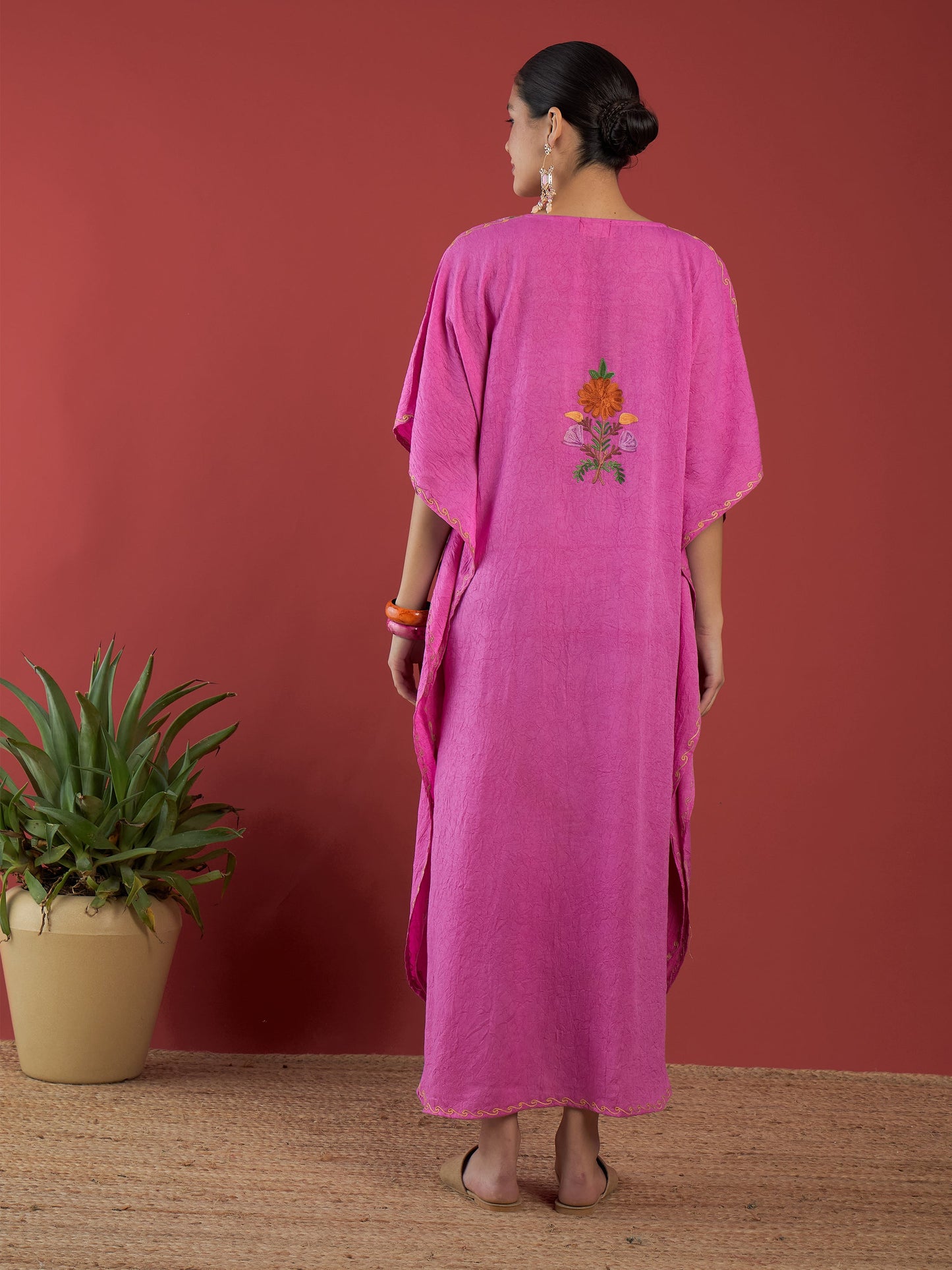 Bubblegum Pink Aari Embroidered Kashmiri Kaftan - Long