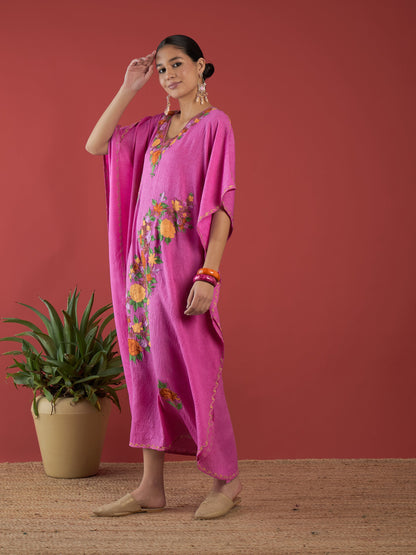 Bubblegum Pink Aari Embroidered Kashmiri Kaftan - Long