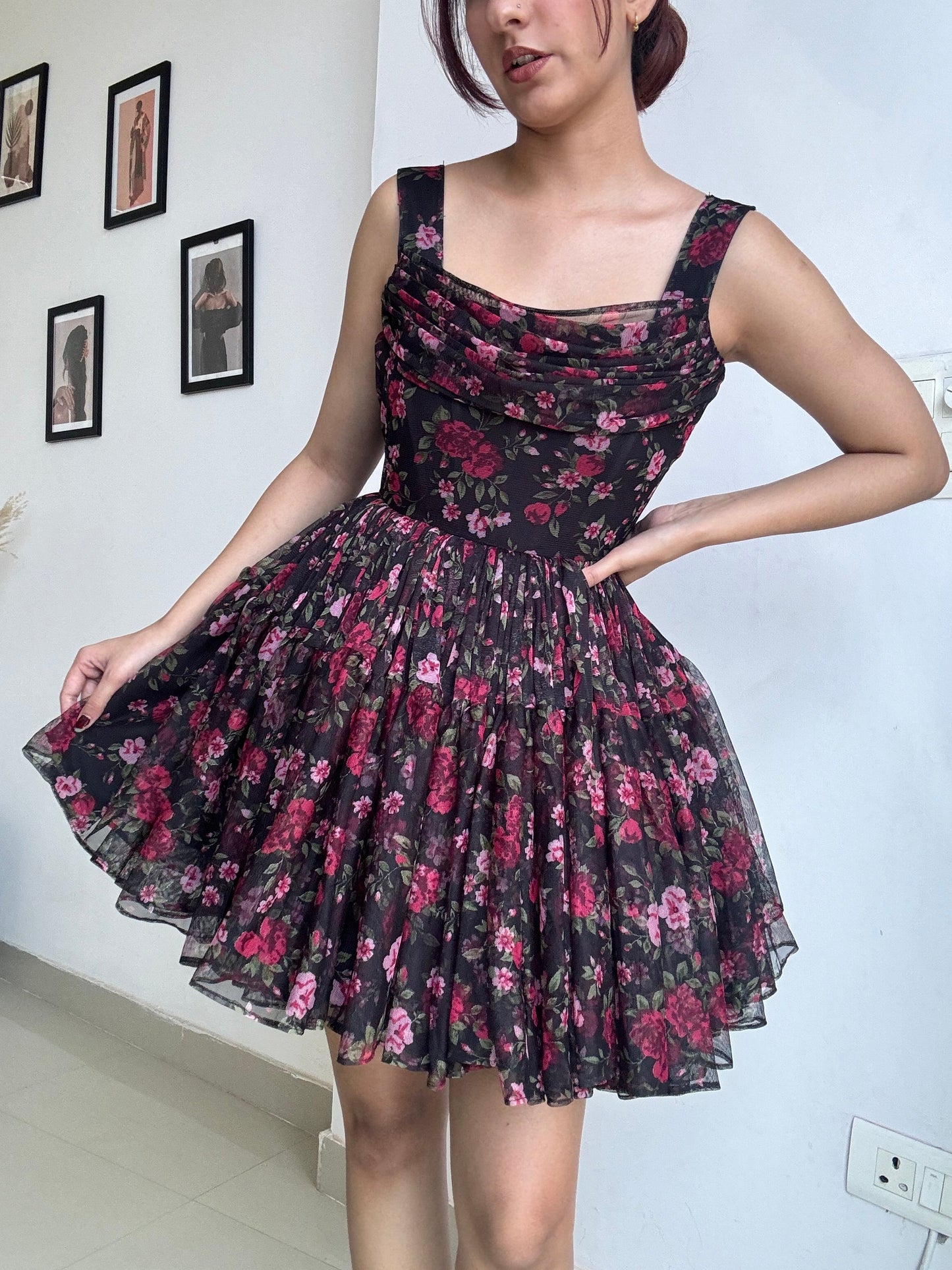 Floral Black Mini Sleeveless Dress