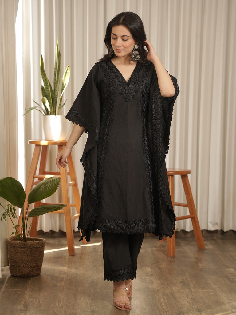 Kaaya Black Lace Work Cotton Kaftaan Set