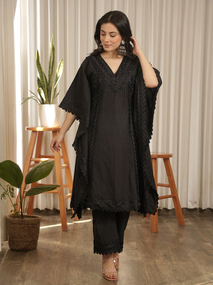 Kaaya Black Lace Work Cotton Kaftaan Set