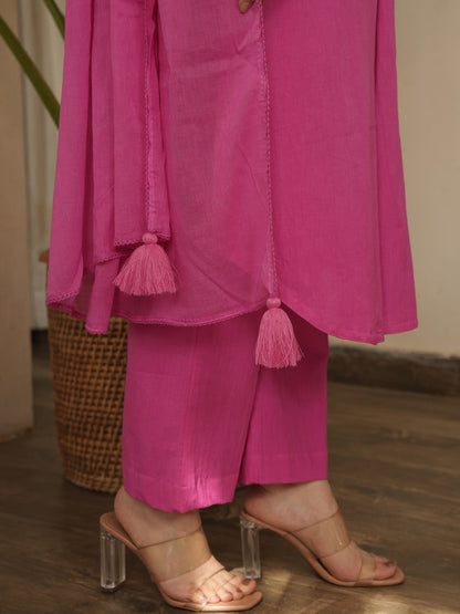 Solid Cotton Suit Set with Handmade Tassels