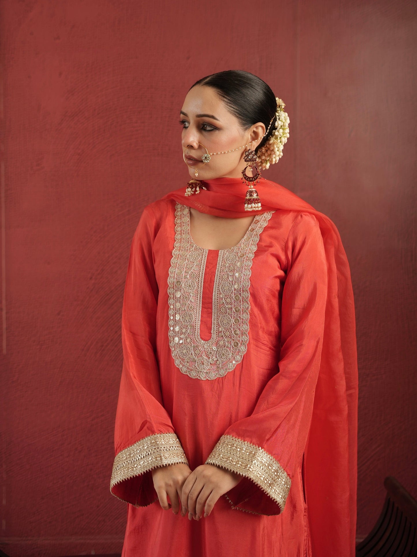 Chaand Hand-dyed Red Silk Zariwork Suit Set