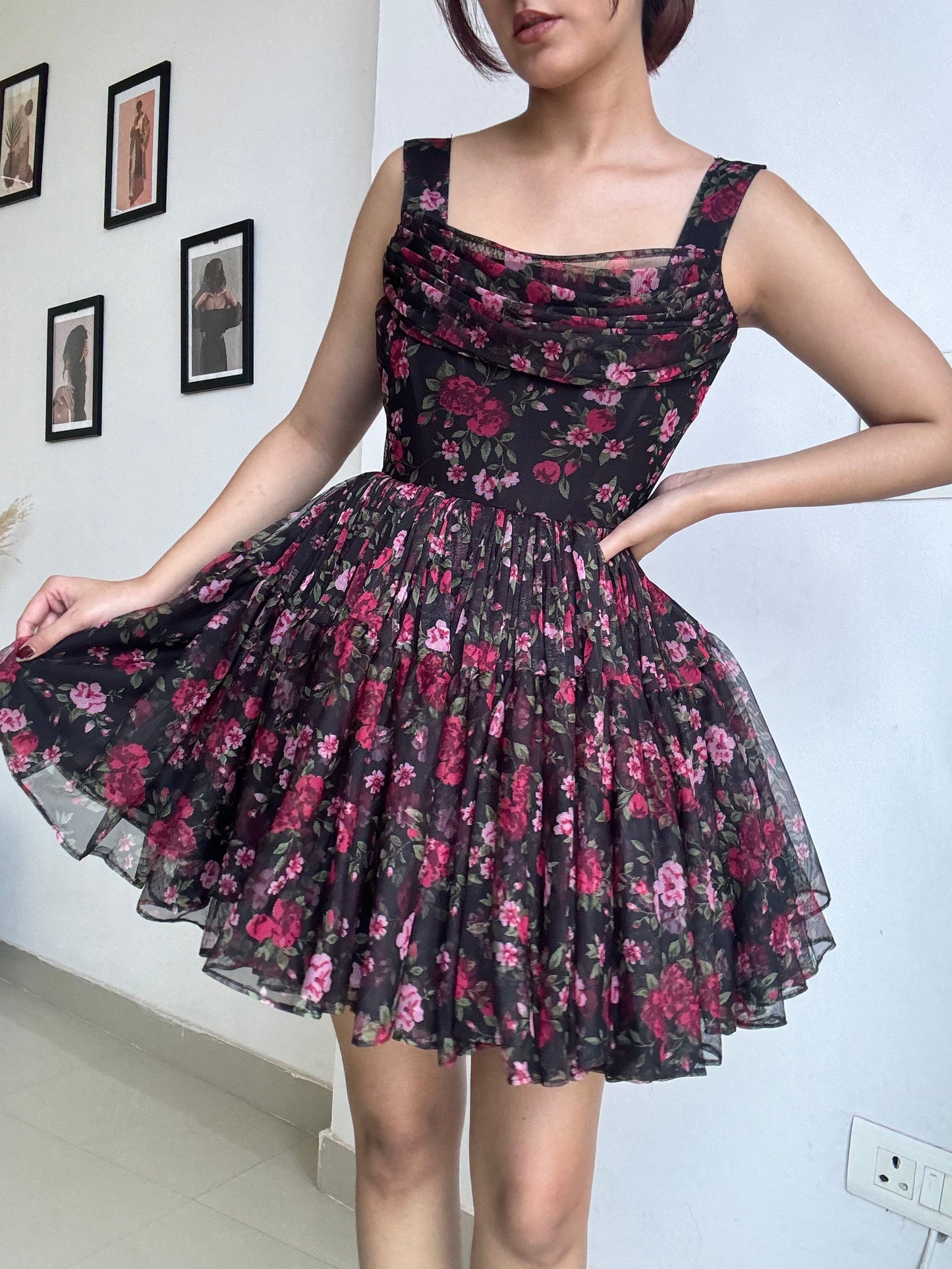 Floral Black Mini Sleeveless Dress