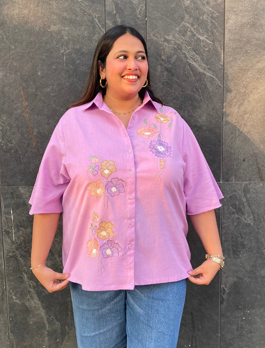 Purple Blossom Embroidered Cotton Shirt