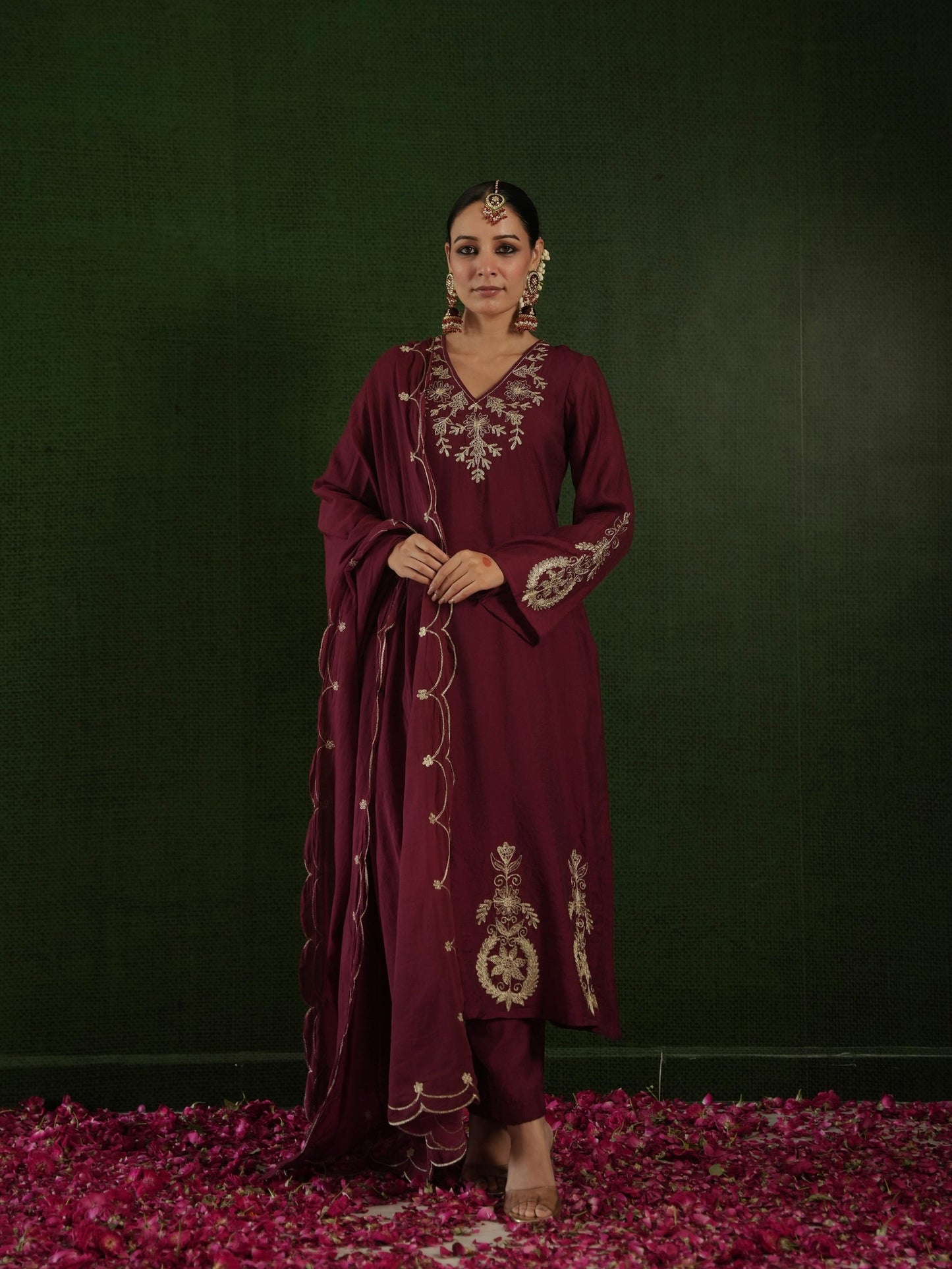 Chaand Rosewood Chanderi Heavy Embroidered Suit Set