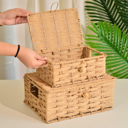 Raffia Storage Boxes with Lid- Set of 2