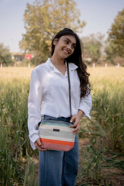 Peach Multicolor Stripes Pouch Cum Sling Bag