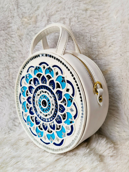 Mandala Lippan Art Blue Handcrafted Circle Box Bag with Zipper