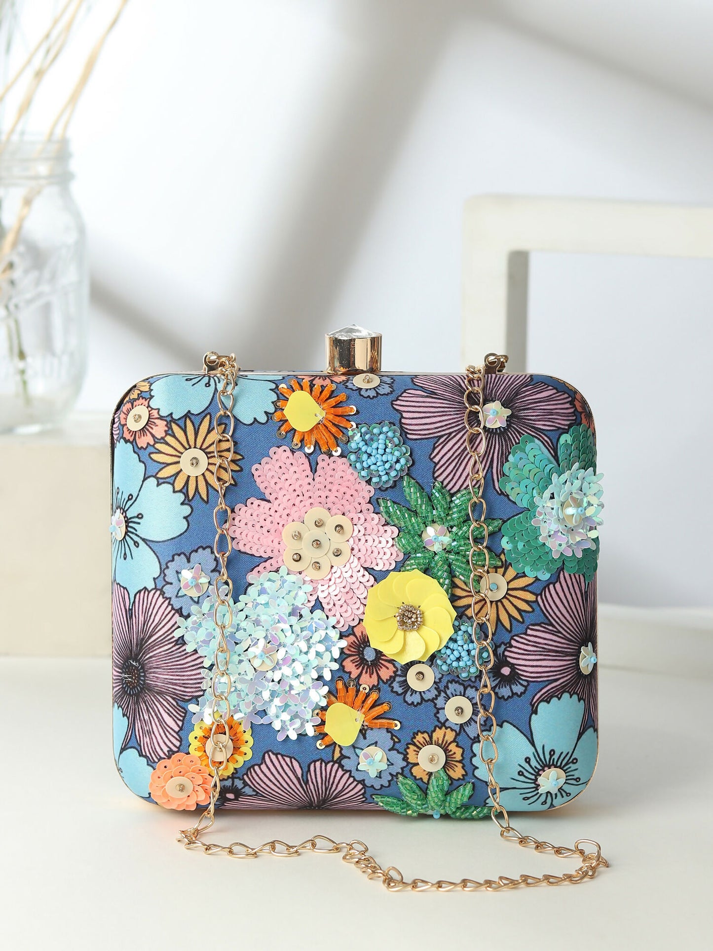 Sequin Accent Blue Floral Clutch