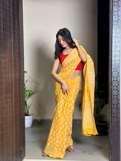 Yellow Poppins Candy Mulmul Cotton Saree
