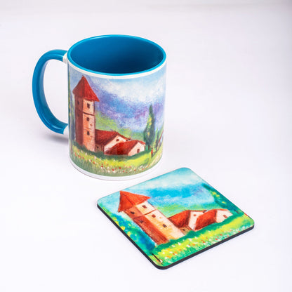 Countryside Landscape Mug with Coaster - Blue