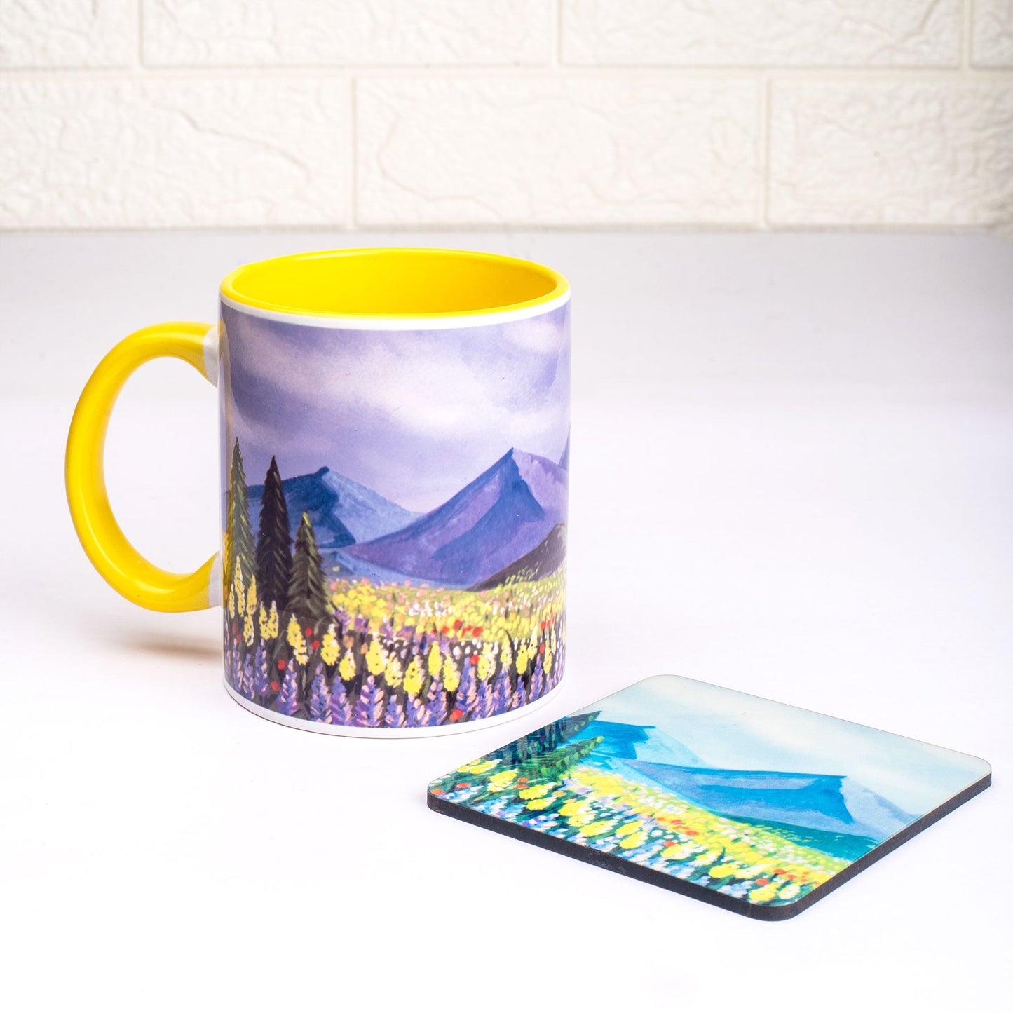 Picturesque Landscape Mug with Coaster - Yellow