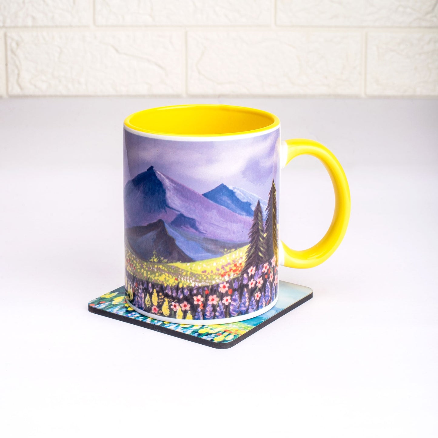 Picturesque Landscape Mug with Coaster - Yellow