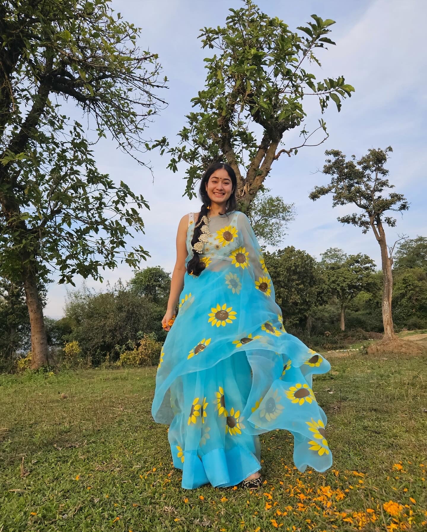 Himawari Organza Handpainted Sunflower Blue Saree