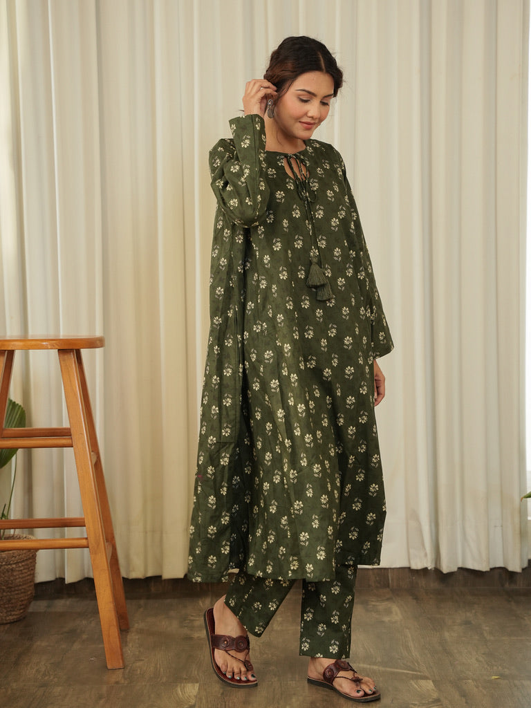 Disha Green Block Print Kurta Set