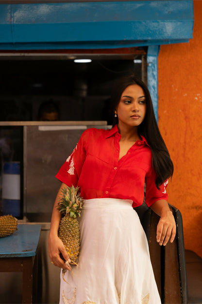 Valentino Red Handpainted Organza Shirt