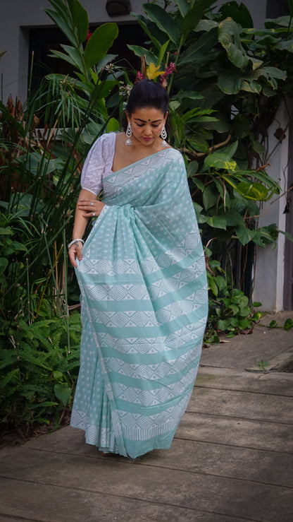 Whispering Dream Saree Handblock Print Natural Dyed Mint Mulmul Cotton Saree