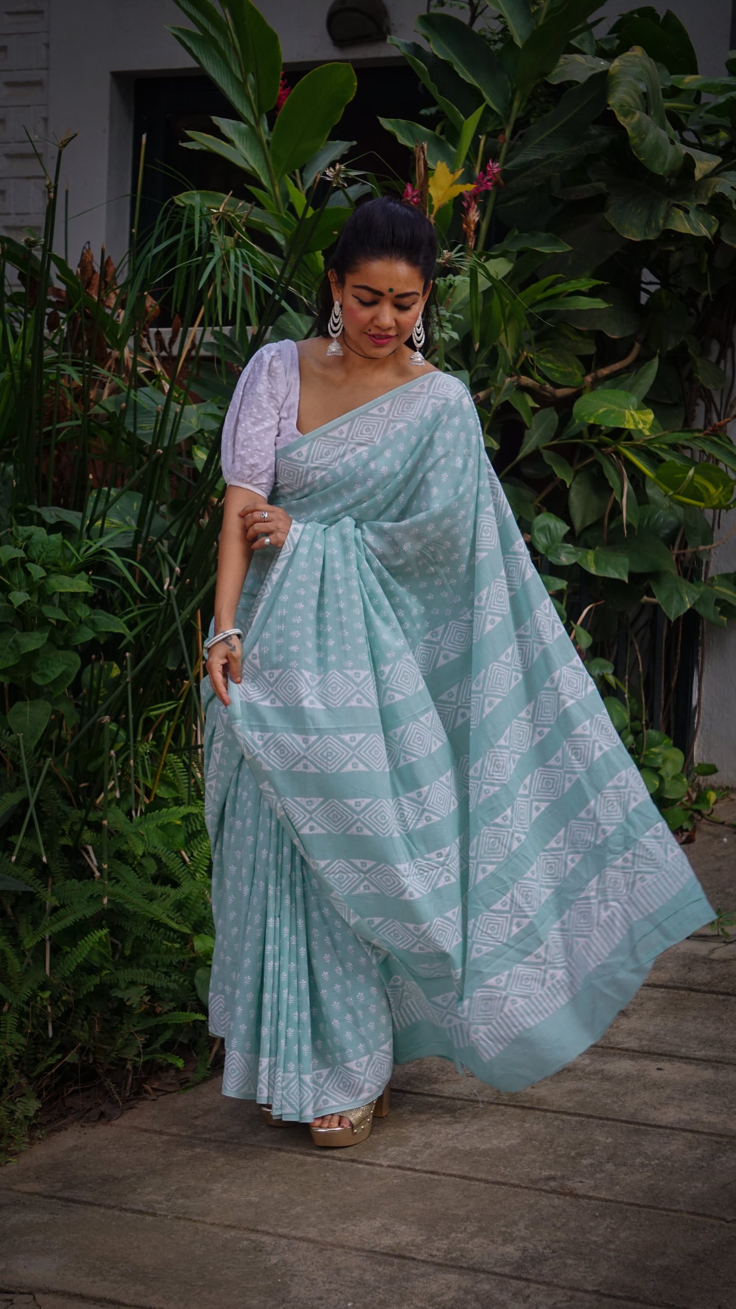 Whispering Dream Saree Handblock Print Natural Dyed Mint Mulmul Cotton Saree