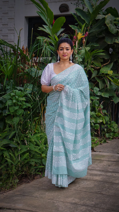 Whispering Dream Saree Handblock Print Natural Dyed Mint Mulmul Cotton Saree