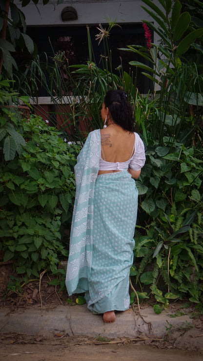 Whispering Dream Saree Handblock Print Natural Dyed Mint Mulmul Cotton Saree