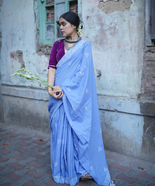 Chidiya - Handblock Print Natural Dyed - Sky Blue Mulmul Cotton Saree