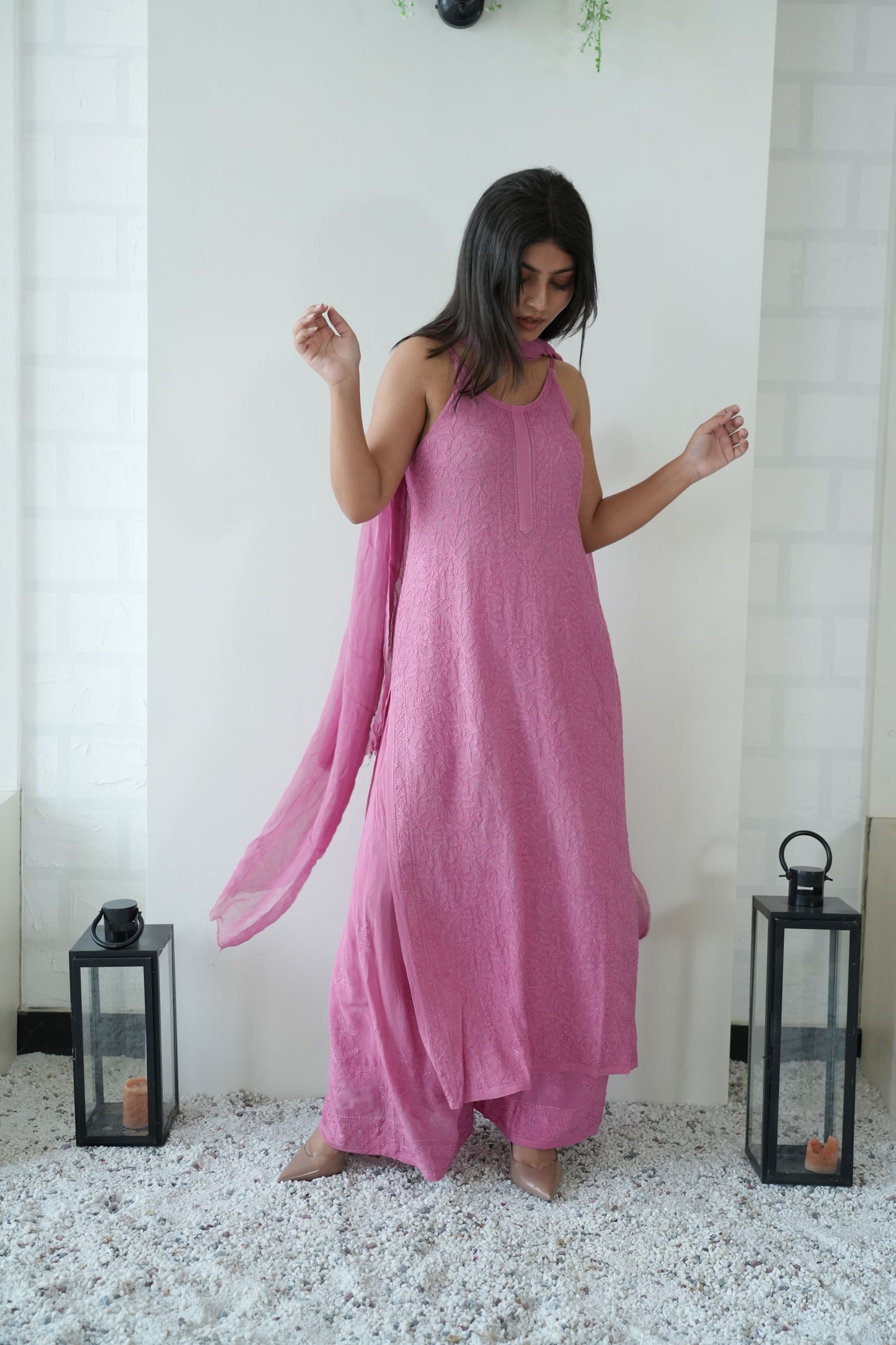 Riva Chikankari Nodle Strap Long Kurti