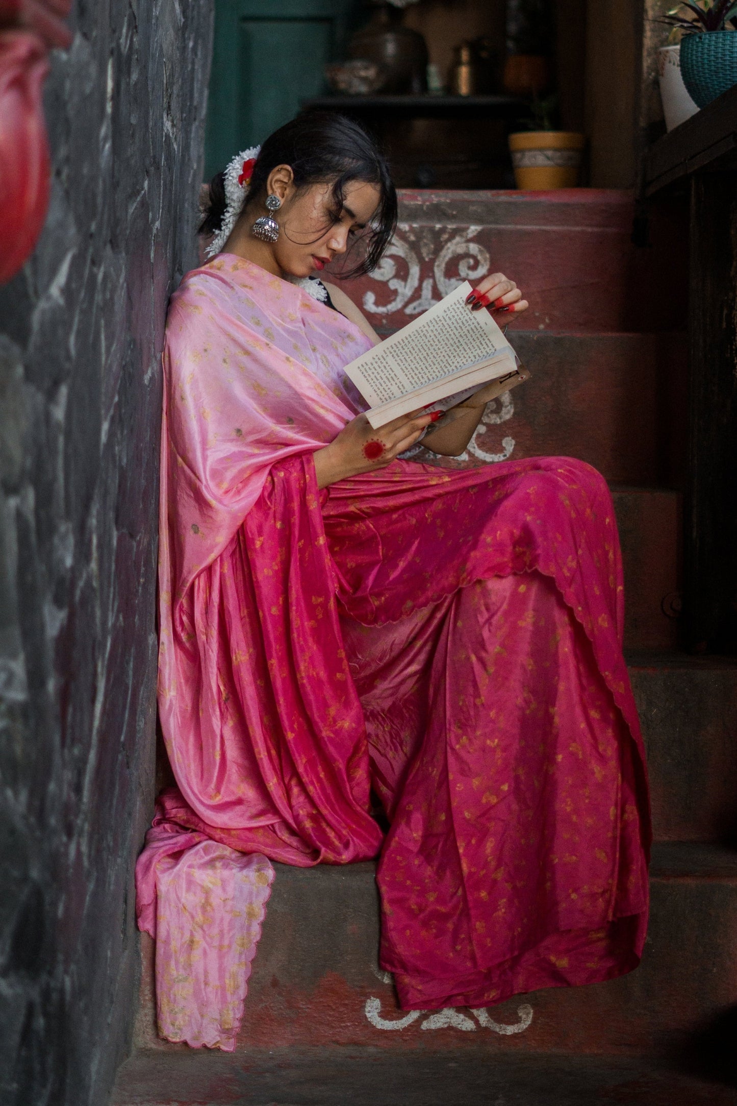 Natural Flower Dyed Rani Habutai Silk Saree