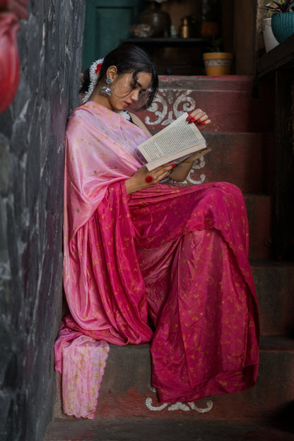 Natural Flower Dyed Rani Habutai Silk Saree