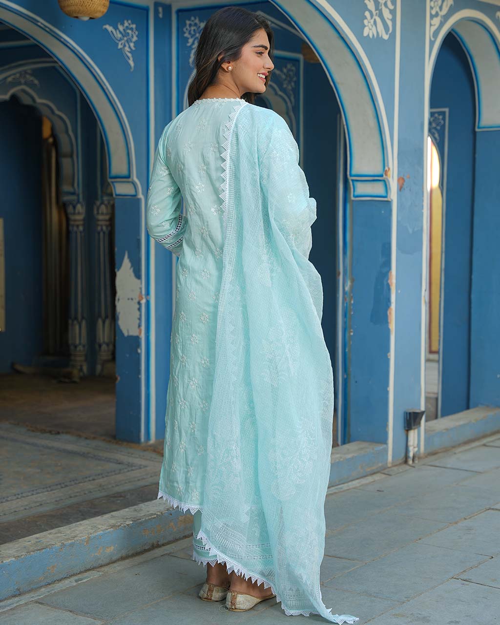 Powder Blue Cotton Suit Set With Embroidery