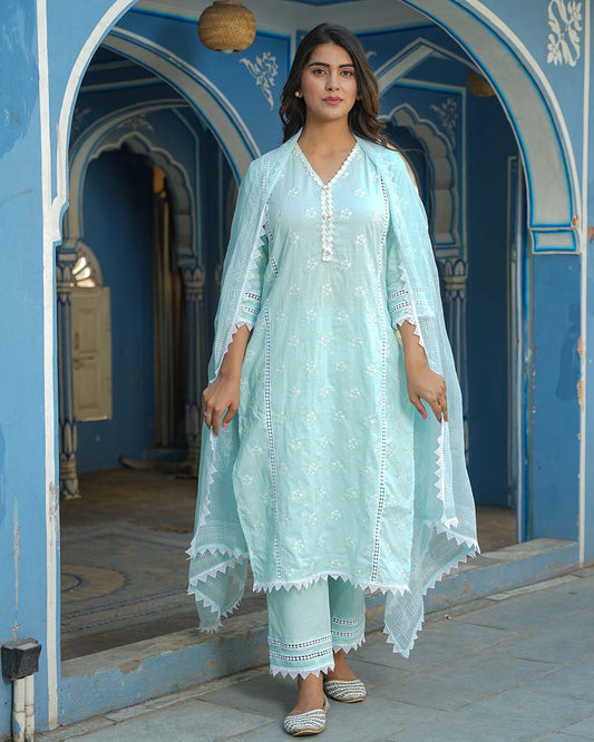 Powder Blue Cotton Suit Set With Embroidery