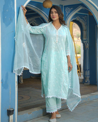 Powder Blue Cotton Suit Set With Embroidery