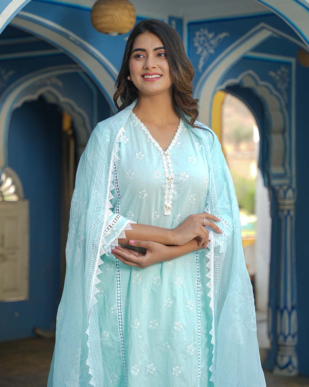 Powder Blue Cotton Suit Set With Embroidery