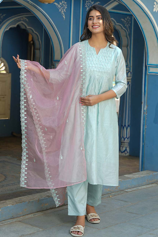 Ice Blue Chanderi Suit With Lace And Embroidery