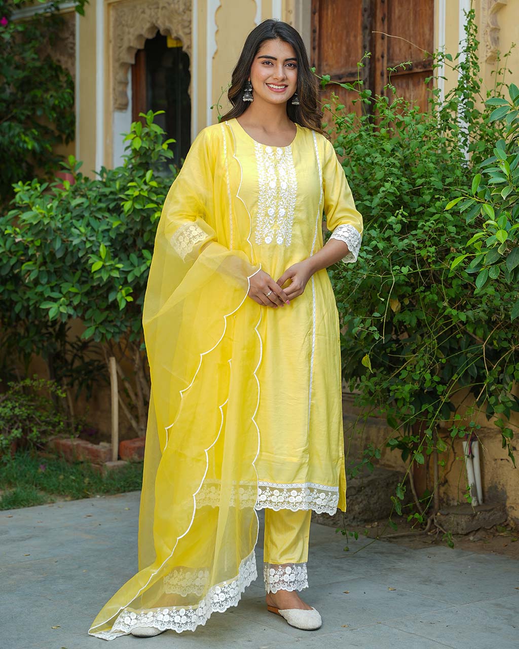 Yellow Chanderi Suit Set With Lace Work