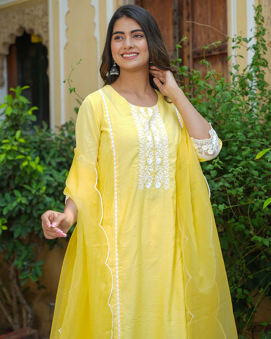 Yellow Chanderi Suit Set With Lace Work