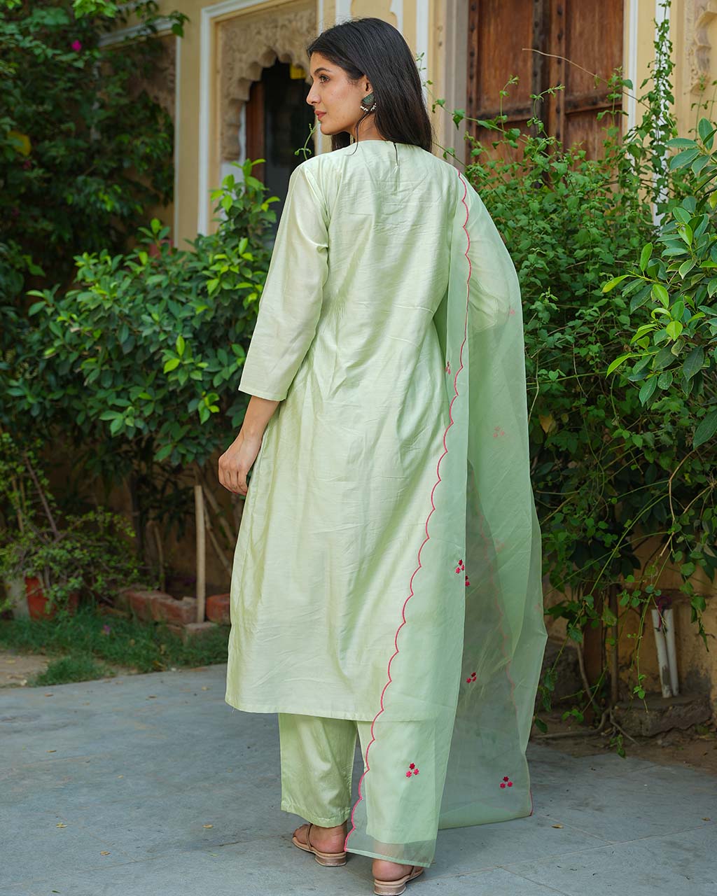 Pista Green Chanderi Suit Set With Embroidery