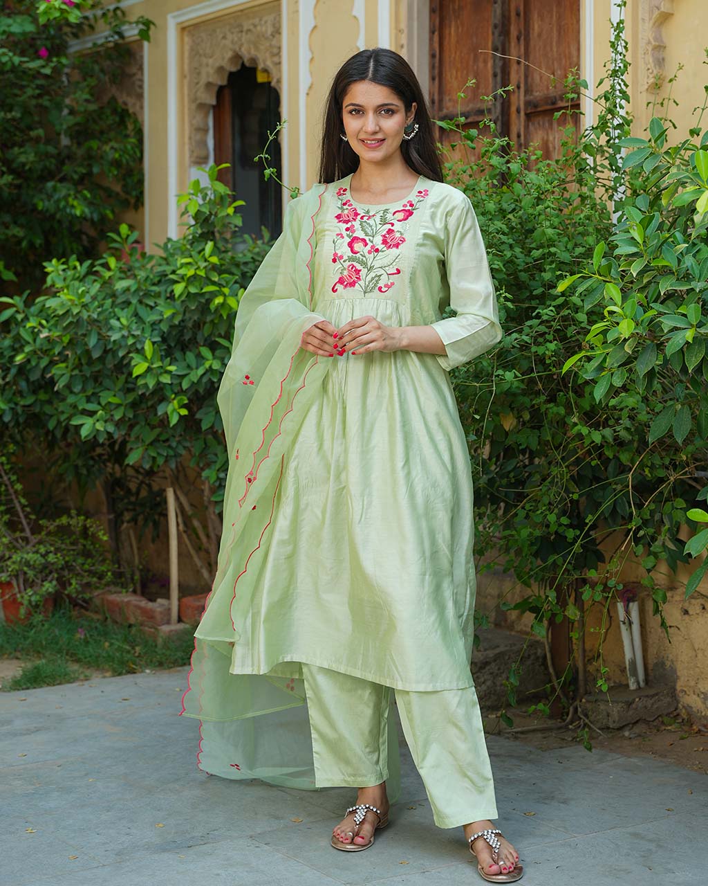 Pista Green Chanderi Suit Set With Embroidery