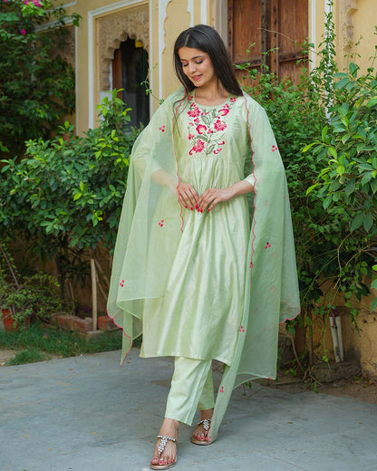 Pista Green Chanderi Suit Set With Embroidery