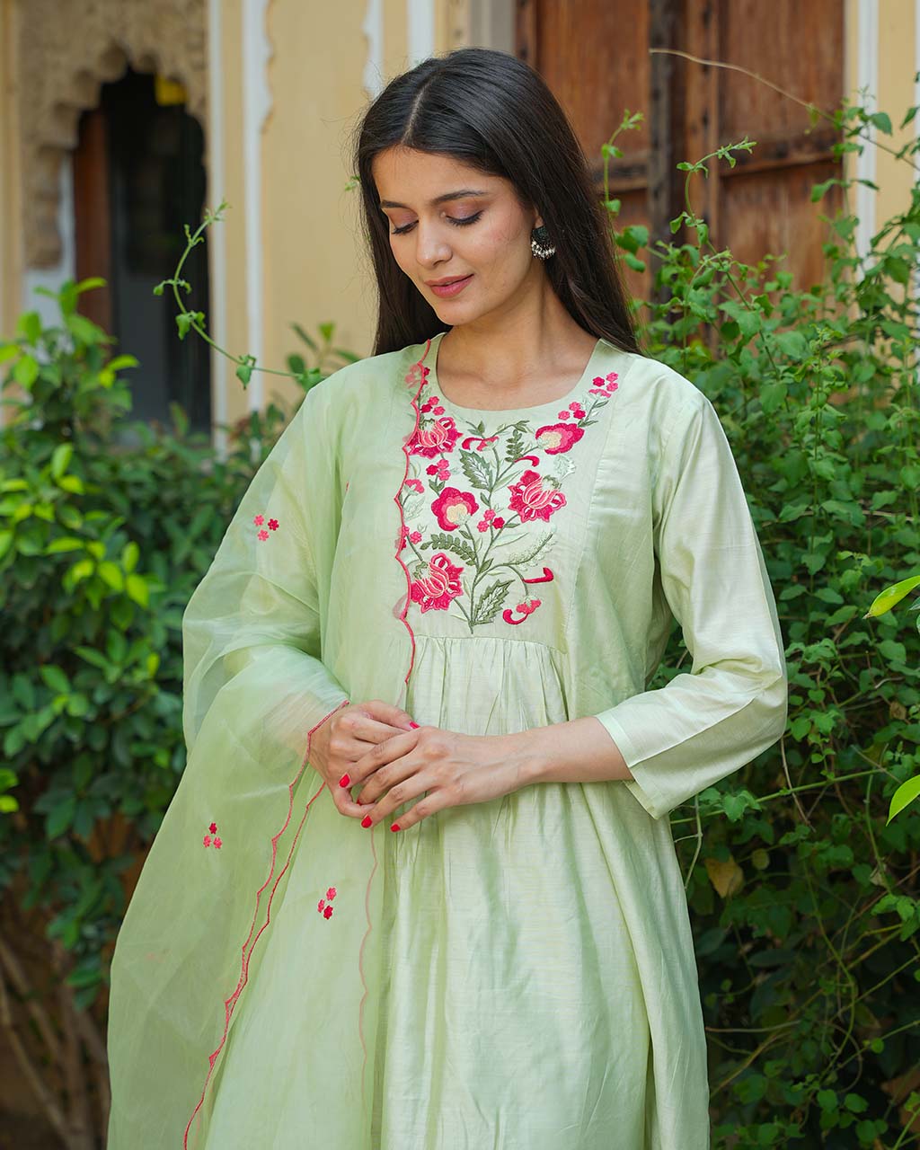 Pista Green Chanderi Suit Set With Embroidery