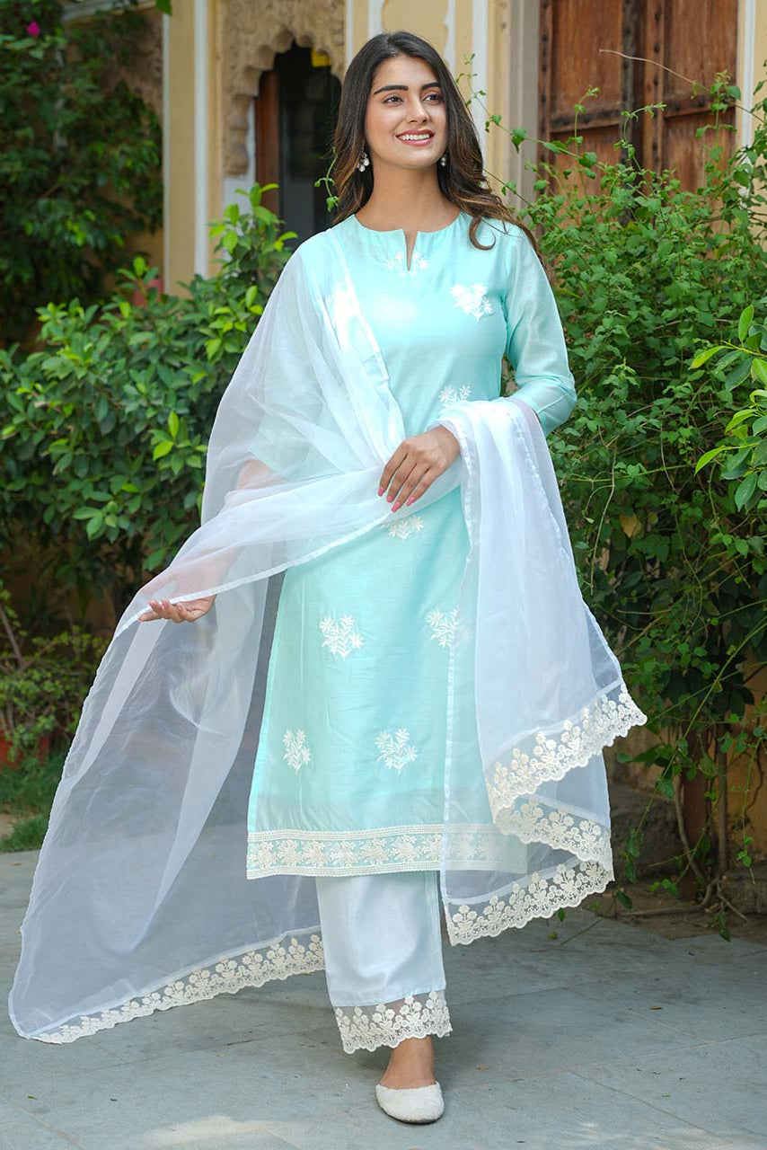 Ice Blue Chanderi Suit Set With Lace Work