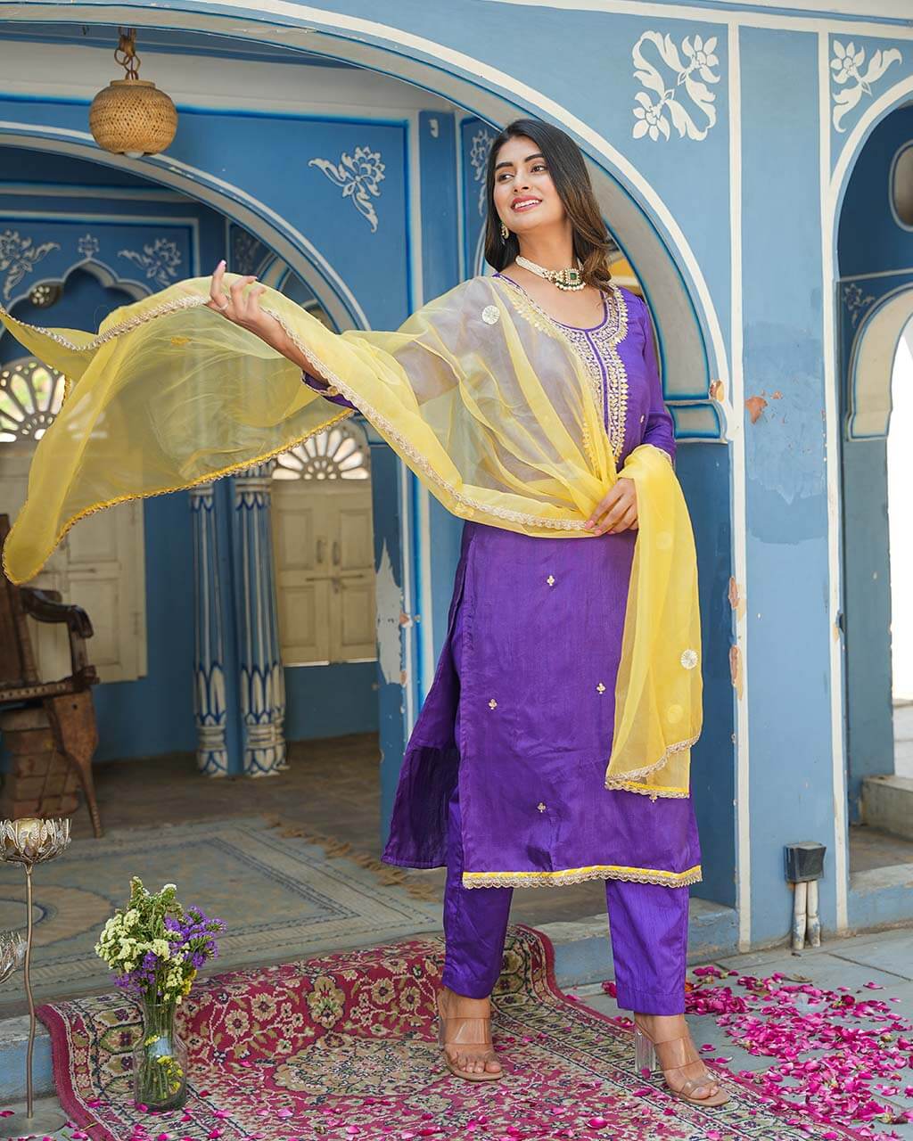 Purple Chanderi Suit Set With Gotta Work