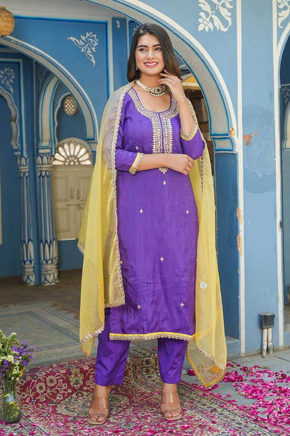 Purple Chanderi Suit Set With Gotta Work