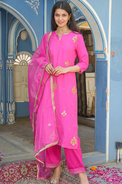 Pink Chanderi Suit Set With Gotta Work