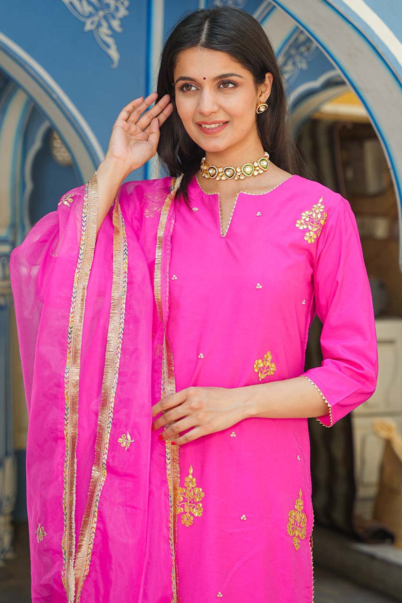 Pink Chanderi Suit Set With Gotta Work