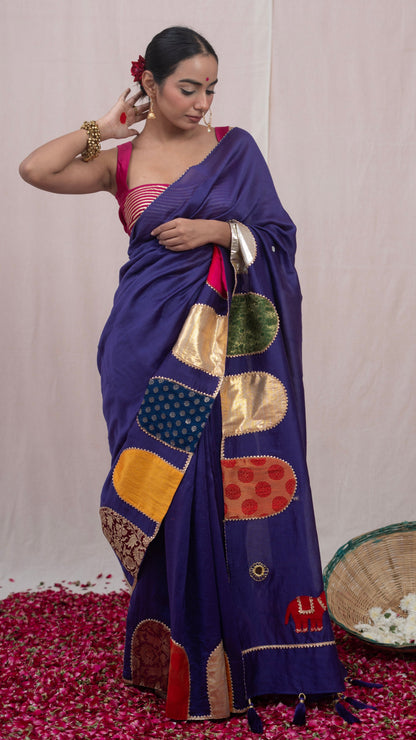 Paaro Hand Embroidered Elephant Blue Saree